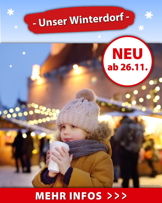 Ankündigung für Unser Winterdorf auf dem ein Kind warmen Kinderpunsch trinkt, im Hintergrund ist ein Weihnachtsmarkt